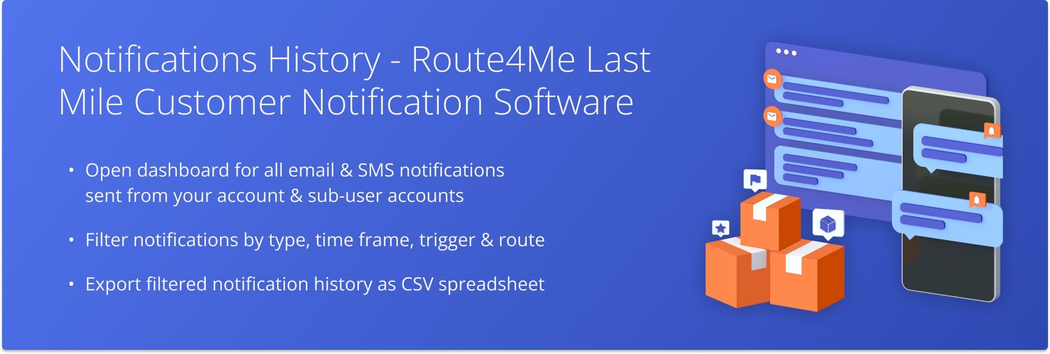 Open notifications history dashboard to view all sent customer SMS and email notifications from your account. Filter notifications history and export filtered notifications as CSV spreadsheet.